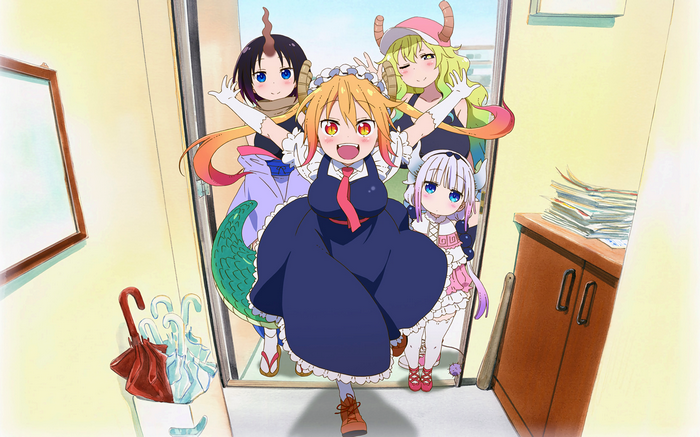 Kobayashi-san Chi no Maid Dragon characters in a doorway