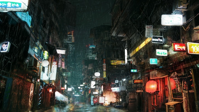 Cyberpunk street with neon signs in the rain