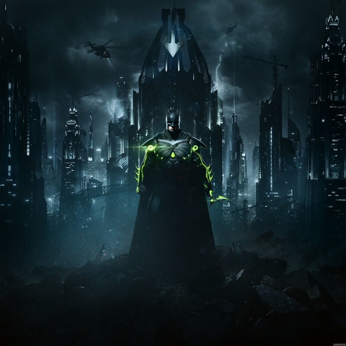 Batman from Injustice 2 in a dark city
