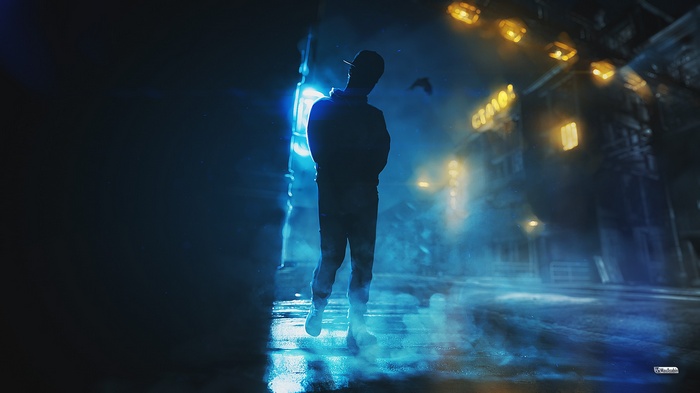 Silhouette of a person in a foggy alley at night
