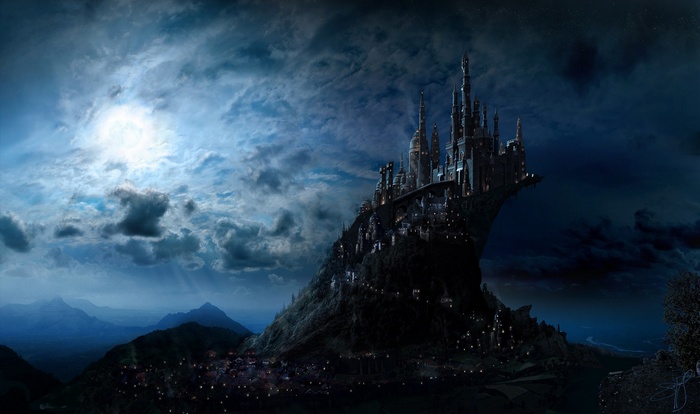 Fantasy castle on a mountain under a cloudy sky