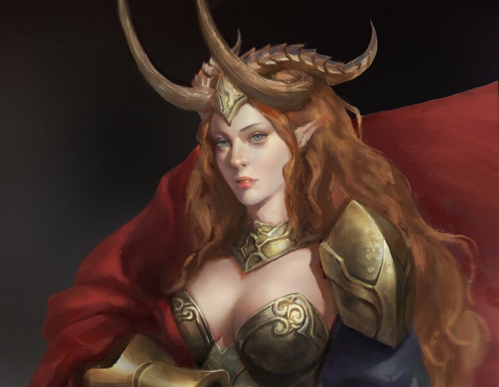 Fantasy woman with horns and red cape
