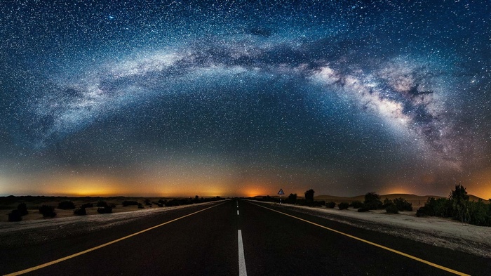 starry night, night sky, road