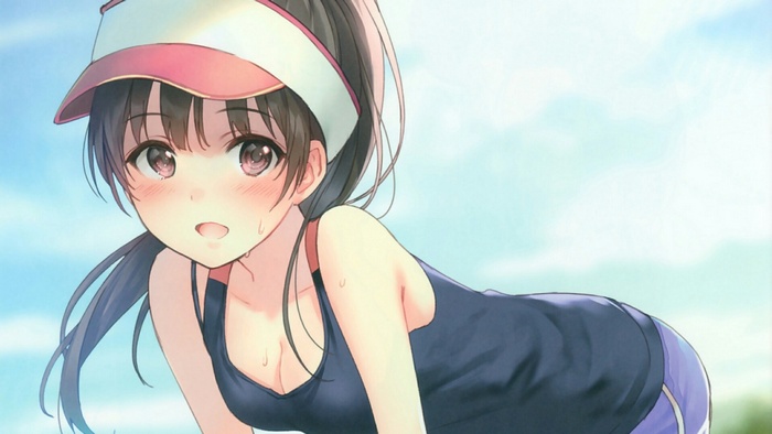 Anime girl wearing a visor and swimsuit