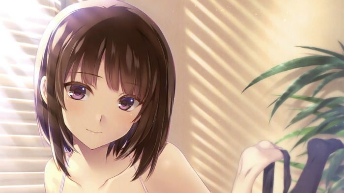 Anime girl with brown hair and purple eyes