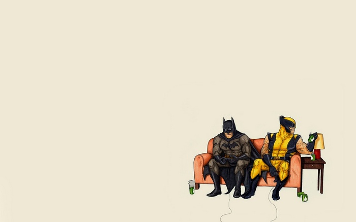 Batman and Wolverine playing video games