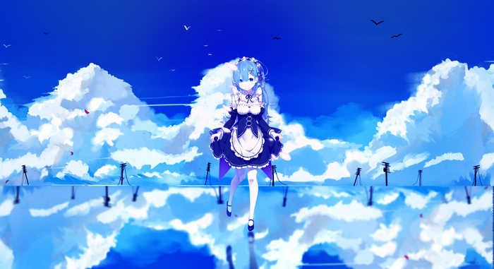 Rem from Re:Zero in a surreal sky landscape
