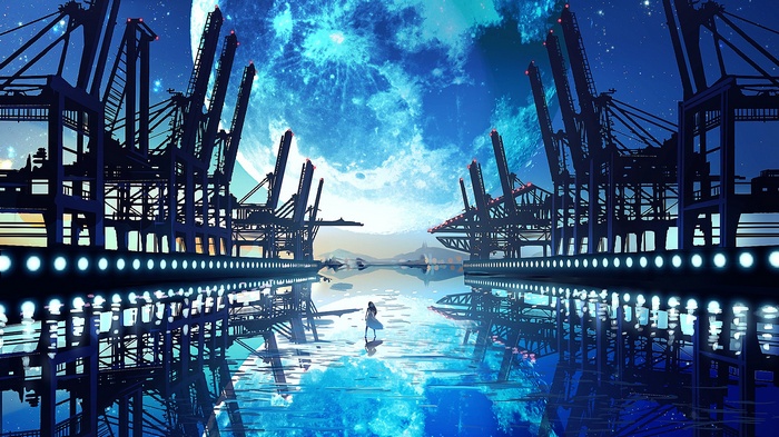 Sci-fi port with large cranes and a moon reflection