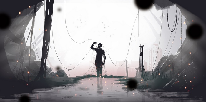Robot connected to wires in a desolate cyberpunk city