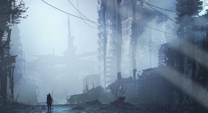 Post-apocalyptic cityscape with a lone traveler