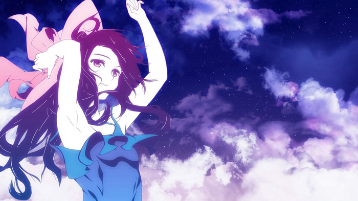Haruka with pink bow and blue dress against starry sky