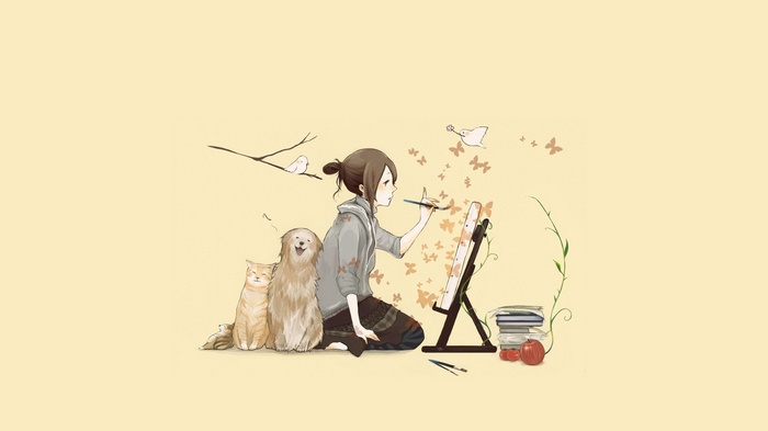 Girl painting with dog and cat