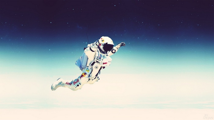 Astronaut in Red Bull suit jumping in space