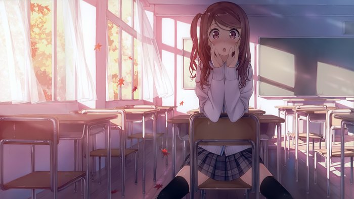 Anime girl in classroom with autumn leaves