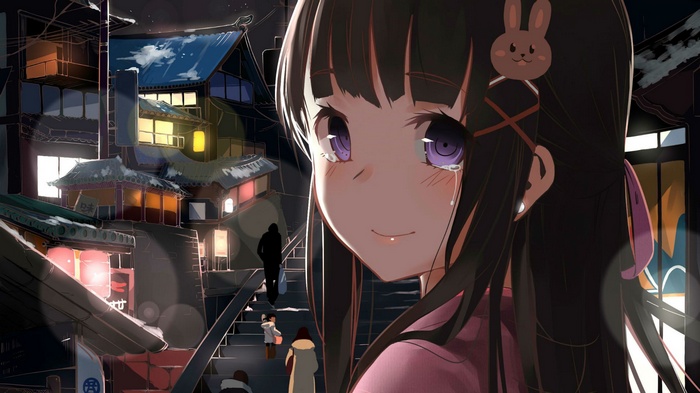 Anime girl with purple eyes in a Japanese town