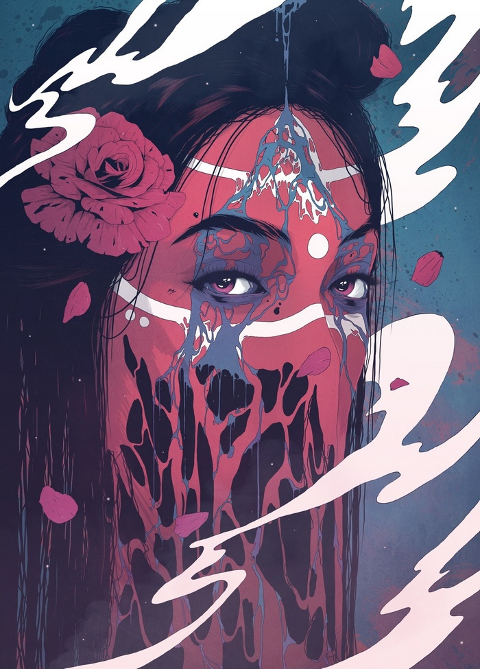 Fantasy girl portrait with red flowers and abstract face art