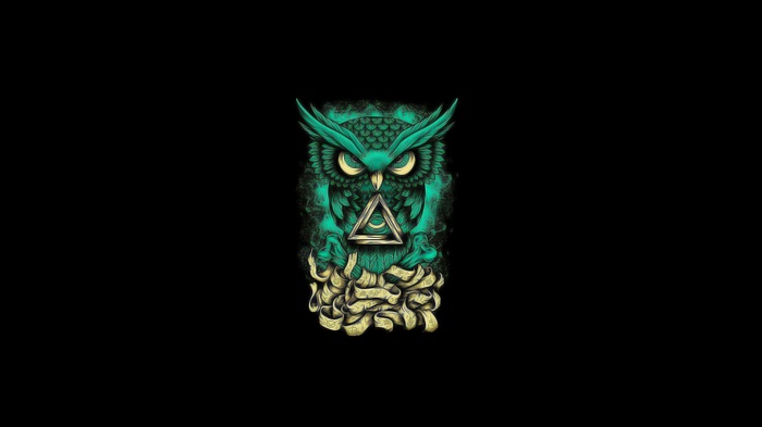 Teal owl with triangle and crescent moon symbol