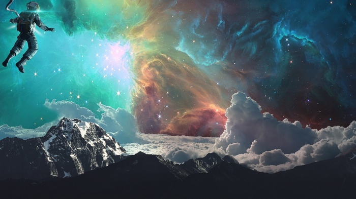 Astronaut floating in a colorful galaxy above mountains