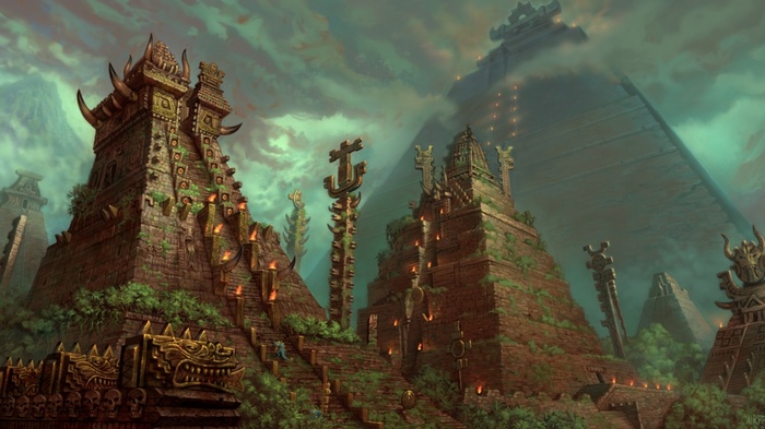Fantasy art of ancient pyramids and temples