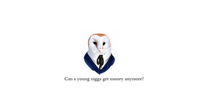 Barn owl in a suit with text
