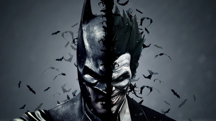 Batman and Joker split face with bats
