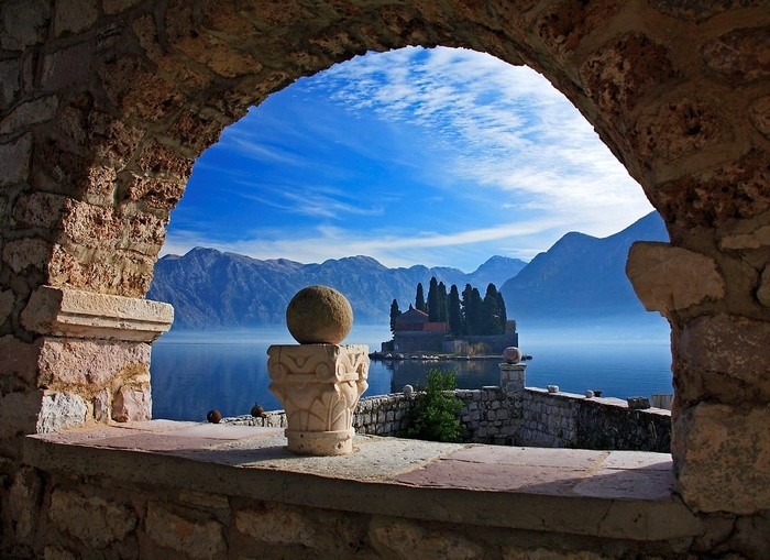 Mediterranean, clouds, architecture, landscape, lake, Montenegro, stones, old building, mountains, mist, island, ancient, trees, nature, arch