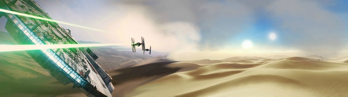 Star Wars TIE Fighters and Millennium Falcon in desert
