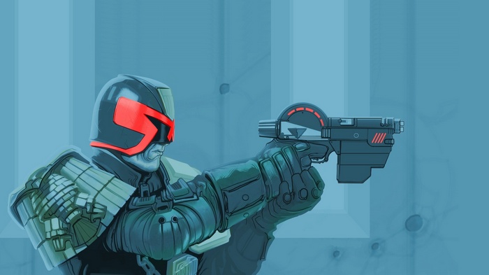 Judge Dredd holding a Lawgiver pistol