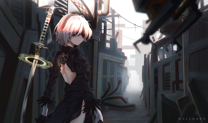 black dress, gray hair, gloves, 2B (Nier: Automata), Nier: Automata, short hair, blindfold, NieR, sword, white hair, weapon