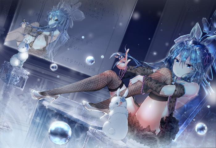 Blue-haired anime girl with rabbits and ice