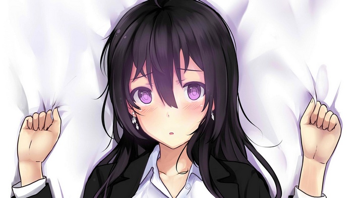Anime girl with black hair and purple eyes