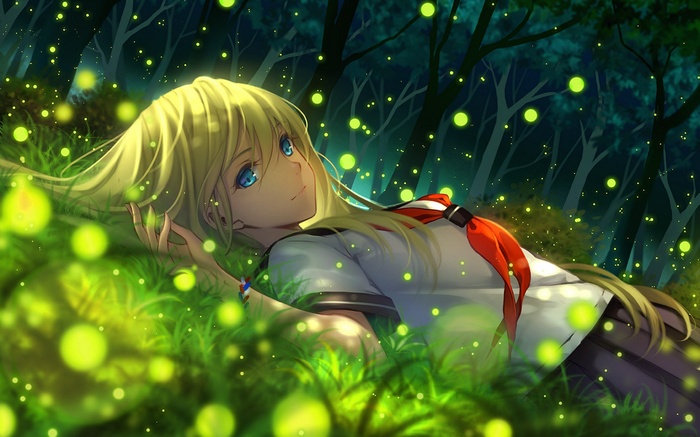 Anime girl with blue eyes lying in a forest at night