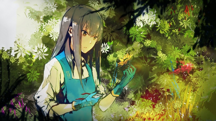Anime girl in a garden with flowers