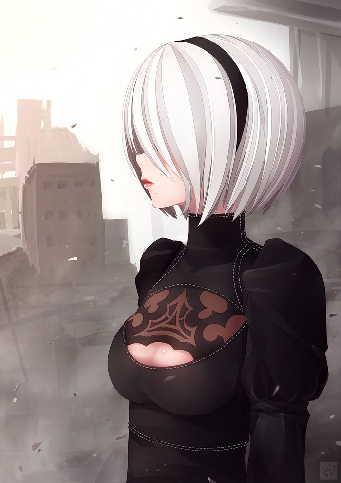 2B from Nier: Automata in a ruined city