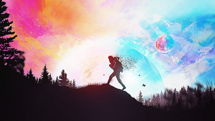 Silhouette of a person hiking through a colorful fantasy landscape