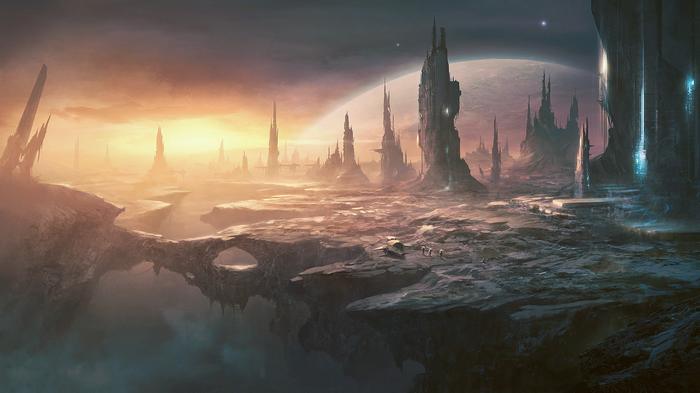Alien world landscape with futuristic structures