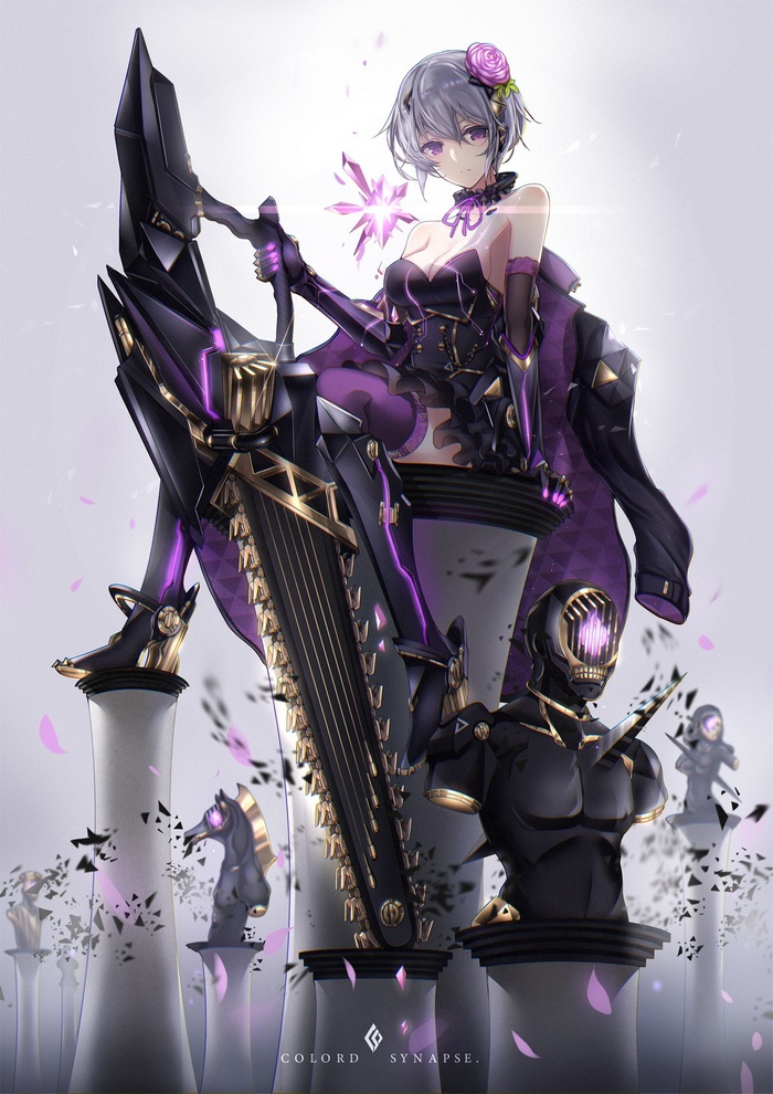 Girl with large weapon and armor statues