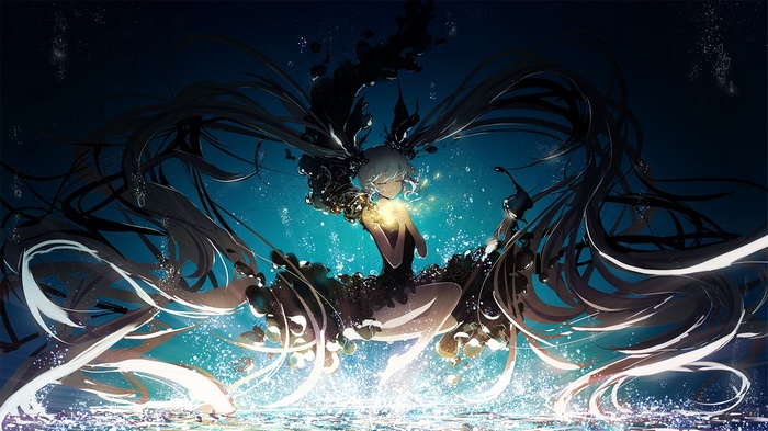 Hatsune Miku underwater with glowing orb