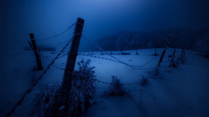 Barbed wire fence in a snowy, foggy landscape at night