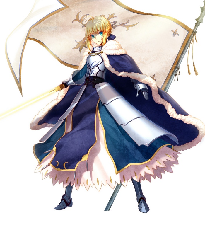 Saber from Fate/Stay Night with a sword and flag