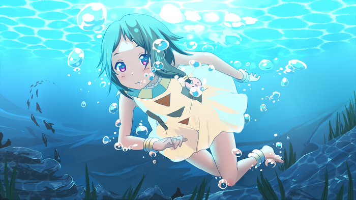 Anime girl swimming underwater with fish