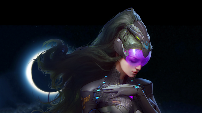 Woman in futuristic suit with purple visor