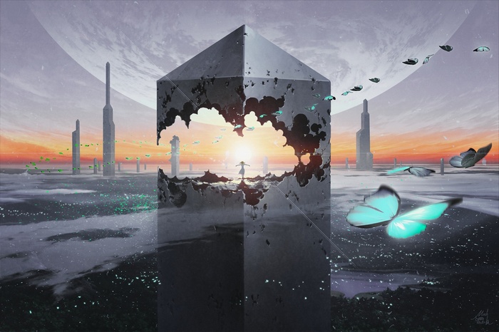 Technoheart cityscape with butterflies and sunset