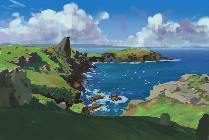 Coastal landscape with rocky cliffs and blue sea