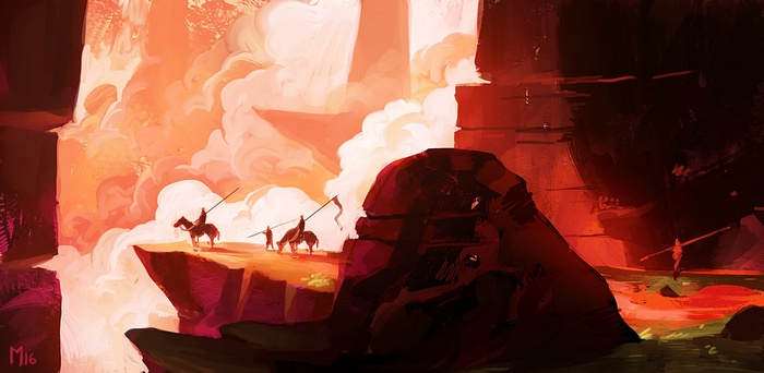Knights on horseback on a cliff overlooking a cloudy, fiery sky