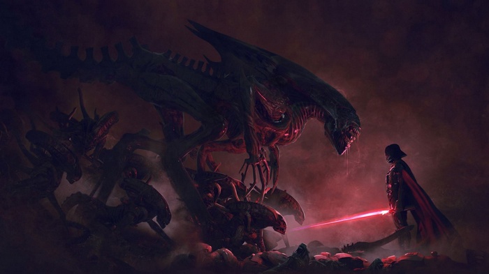 Darth Vader fighting Xenomorphs from Alien vs. Predator