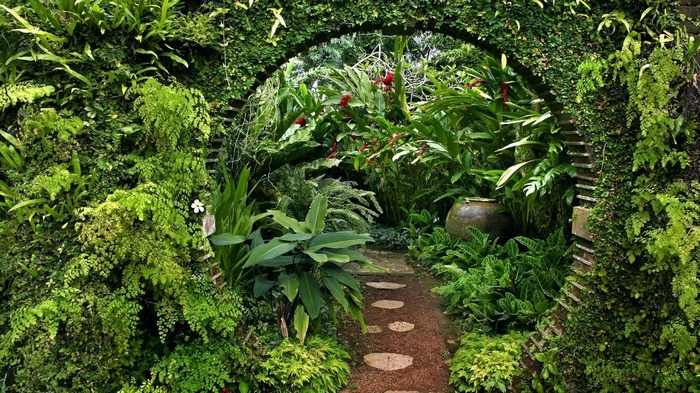 Archway covered in plants leading to a garden path