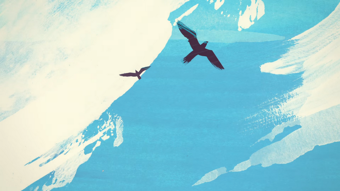Two birds flying in a blue sky with white clouds