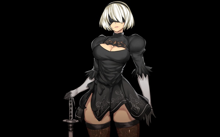 Nier: Automata, gloves, katana, Ash blonde, white hair, sword, headband, black background, thigh-highs, 2B (Nier: Automata), NieR, short hair, cleavage, blindfold, weapon, elbow gloves