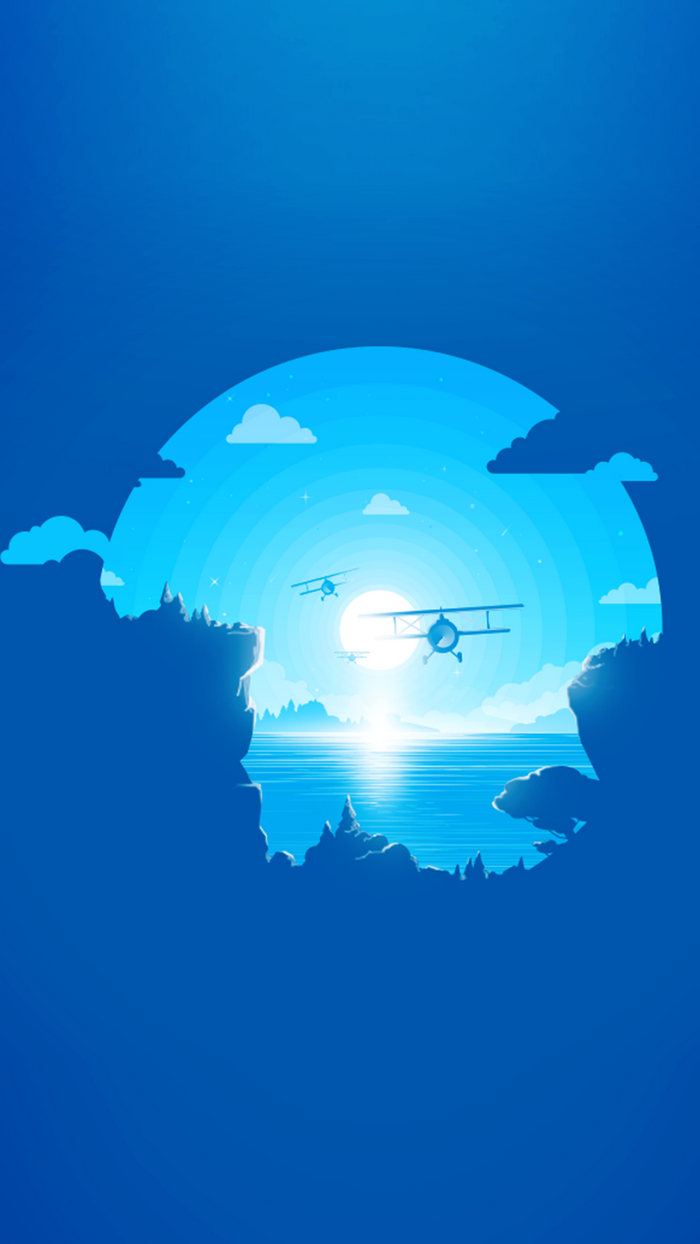 Biplanes flying over a lake at sunset